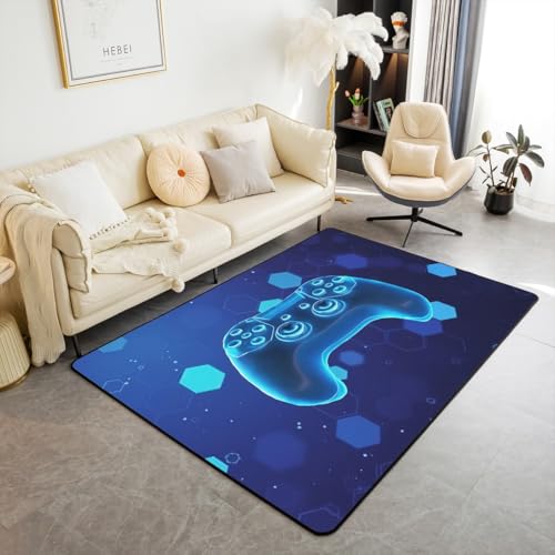Homewish Gamer Jungen Teppich Spielcontroller Kinderteppich Jungen Teens Honeycomb Hexagon Spots Carpet Blaue Geometrie Moderne Wohnzimmer Teppiche 100x150 für Jugendliche Erwachsener Heimdekor Rug von Homewish