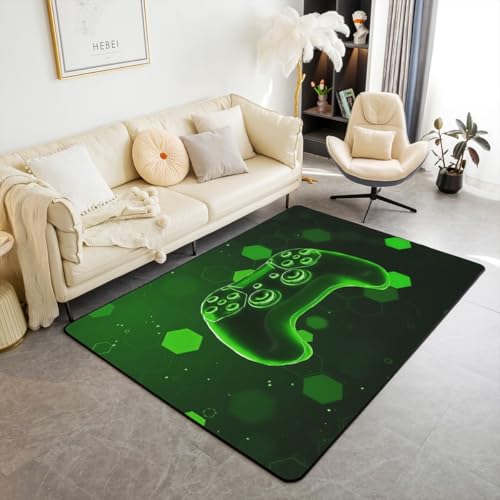 Homewish Gamer Jungen Teppich Videospiel Flächenteppich Jungen Teens Geometrische Lichter 3D Neon Teppiche Wohnzimmer Grüne Sechseckflecken Rug für Teenager 100x150 Pflegeleicht Kinderteppich von Homewish