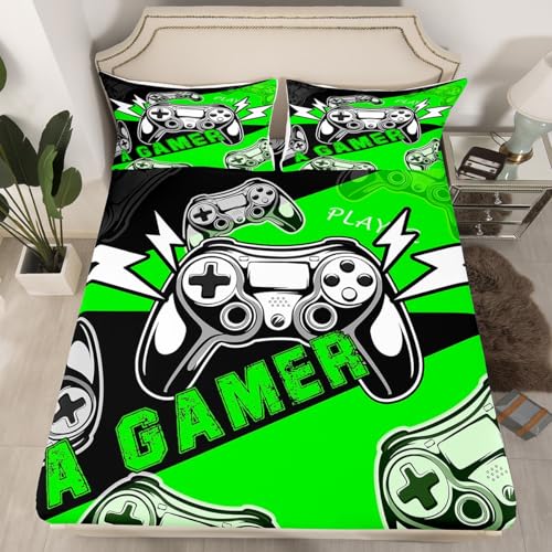 Homewish Gaming Bettwäsche Sets für Jungen Gamer Bettwäsche 90x200x30,Videospiele Spannbettlaken für Kinder Mädchen Jungen Schlafzimmer Dekor, Schwarz Grün Gamepad Gaming Bett Set mit 1 Kissenbezugn von Homewish