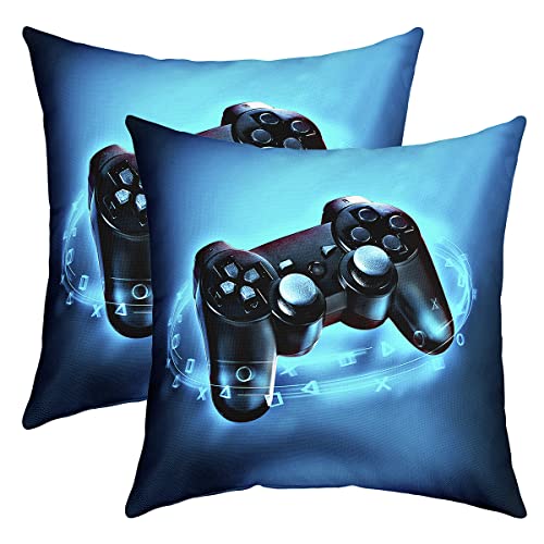 Homewish Gaming Kopfkissenbezüge 45x45 Set of 2, Spiel Kissenbezüge for Kinder Jungen Mädchen, Video Game Gamer Kissenbezüge, Teens Gamepad Dekorative Akzent-Kissenbezüge for Zuhause, Blau Schwarz von Homewish