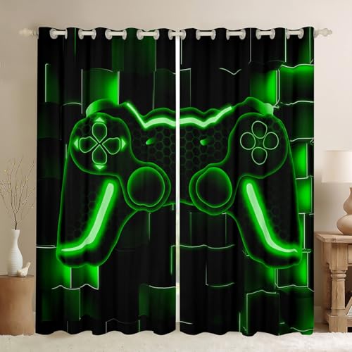 Homewish Gaming Vorhänge 137x117(HxB) Kinder, Gamepad Coole Videospiele Schwarz Fenster Vorhänge für Mädchen Jungen, Farbverlauf Grün Fenstervorhang Gardinen 3D Druck Schlafzimmer Dekor 2 Paneele von Homewish