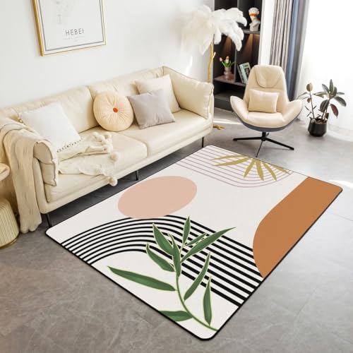 Homewish Geometrische Blätter Teppiche Wohnzimmer 100x150 Abstraktes Modernes Braun Kinderteppich für Kinder Mädchen Teenager,Botanischer Minimalist Teppich Ästhetik des Mittleren Jahrhunderts Rug von Homewish
