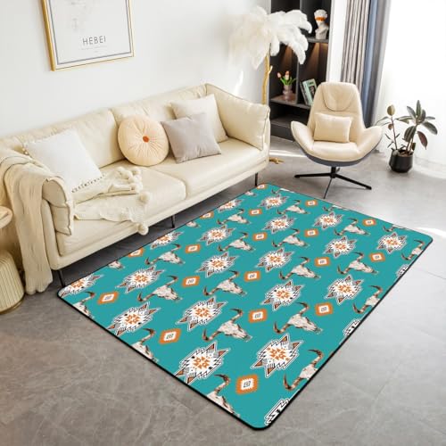 Homewish Geometrische Western Teppich Türkis Aztek Bull Skull Carpet Cowboy Bohemian Geometric Kinderteppich Native Kuh Schädel Teppiche Teal Rug 150x200 für Schlafzimmer rutschfest Pflegeleicht von Homewish