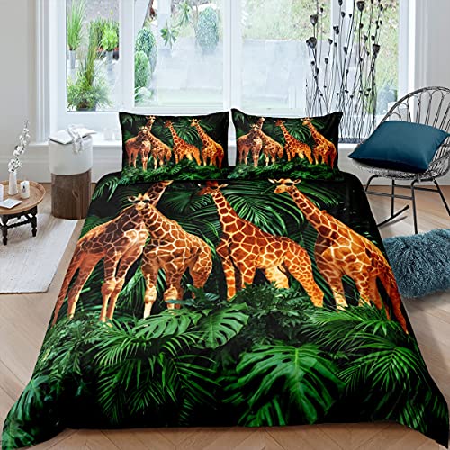 Homewish Giraffe Bettbezug 135X200, Palm Leaves Trösterbezug für Kinder Jugendliche Erwachsene Frauen Süße Bettwäsche mit Tiermotiv Tropischer botanischer Bettbezug mit Eckbändern, grünbraun von Homewish