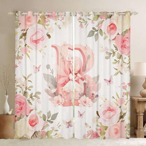 Homewish Girly Anfangsbuchstabe B Verdunkelungsvorhänge Cartoon Magische Fee Gardinen für Jungen Mädche,Kawaii Rosa Fee Fenstervorhang 2 Panels 245x140(HxB) Schmetterling Rose Blume Vorhänge für von Homewish