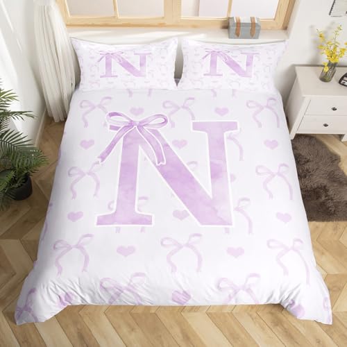Homewish Girly Bogen Bettwäscheset 200x200cm Bowknot bettbezug für Kinder für Mädchen Ästhetische Kawaii Fee Träumende Frauen Teenager Bettwäsche Lila N Buchstabe bettset Mikrofaser weich raumdekor von Homewish