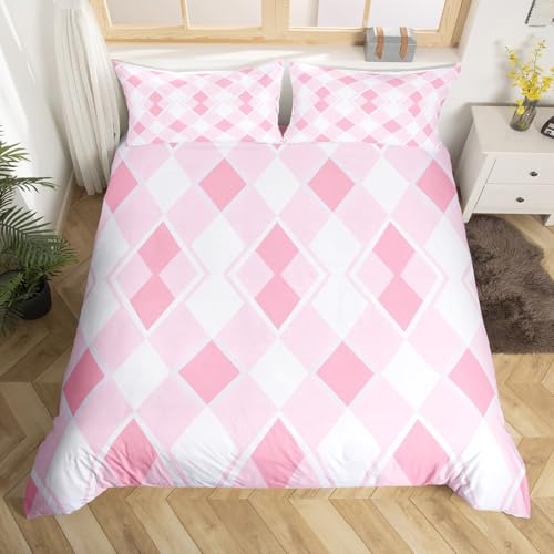 Homewish Girly Rosa Bettwäsche 200x200cm Moderner Geometrischer Diamant bettbezug Set für Jugendliche Kinder,Süßes Gestreiftes Gitter Bettwäscheset Preppy Coquette bettset Mikrofaser raumdekor von Homewish