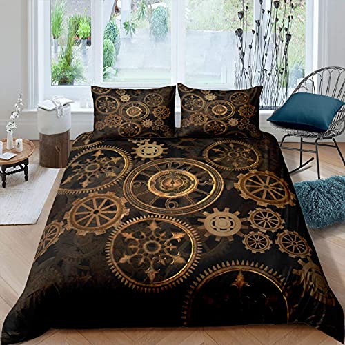 Homewish Golden Ndustrial Gear Bettwäsche Set 220x240 Steampunk Stil Bettbezug Uhren Thema Trösterbezug für Jungen Männer Mechanische Gerät Tagesdecke,Schwarz von Homewish