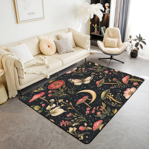 Homewish Gotische Pilz Schwarz Teppiche Wohnzimmer 100x150 für Jungen Vintage Pilz Flächenteppich für Kinder Jungen Mädchen Teenager,Boho Mott Frühling Floral Teppich Mond Und Sternenstern Rug von Homewish