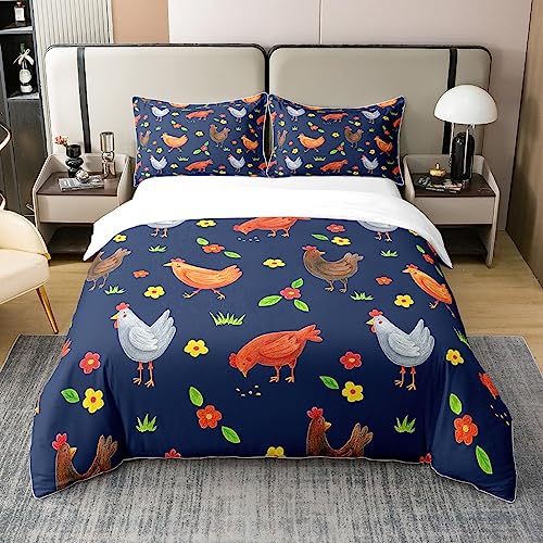 Homewish Hahn 100% Baumwolle Bettbezug 155x220 für Kinder Kind,Bunte Hühner Bettwäsche Set,Cartoon Botanische Blumen Tröster Abdeckung,Bauernhaus Tier Quilt Cover mit 1 Kissenbezug Heim Zimmer Dekor von Homewish