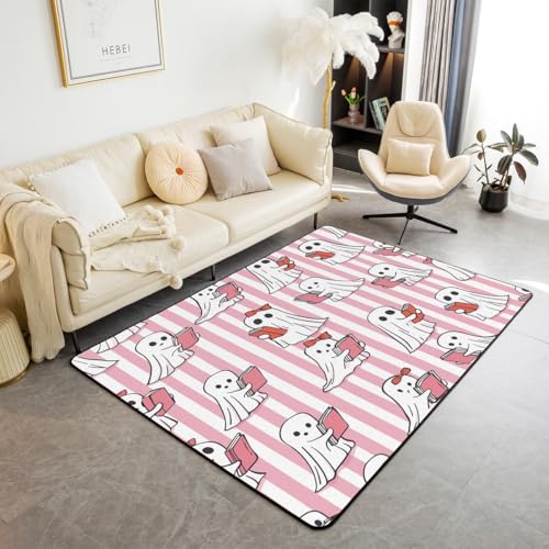 Homewish Halloween-Geist Kinderteppich 150x200 Gothic Spooky Teppiche Wohnzimmer für Jungen Mädchen Teenager,Rote Bowknot-Bögen Teppich Geometrie Streifen Rosa Rug Stilvoll Heimdekor von Homewish