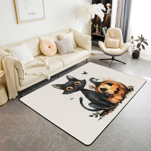 Homewish Halloween Teppiche Wohnzimmer 100x150 Schwarze Katze Kürbis Teppich für Kinder Jungen Mädchen Jugendliche,Kürbislaterne Carpet Cartoon Kätzchen Schmetterling Toter Baum Rug Zimmerdekor von Homewish