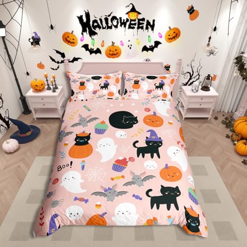 Homewish Happy Halloween Bettwäsche 135x200 Kürbis Laterne Bettbezug Gothic Bettbezug Hexenhut Geister Bettwäsche-Set für Kinder Kind Halloween Dekor Alptraum Vor Weihnachten Dekor Pink Bettwäscheset von Homewish