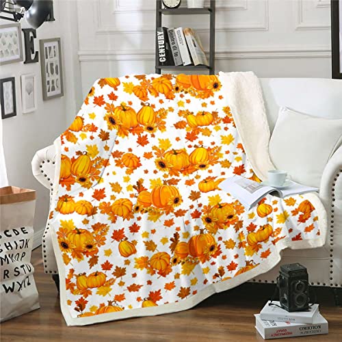 Homewish Herbst Kürbis Decke 130 x 150 Herbst Ahornblätter Decke Werfen Thanksgiving Erntezeit Fleece Decke für Zuhause Rustikales Bauernhaus Sonnenblumen Fuzzy Decke Orange Weiß Plüsch Decke Weich von Homewish