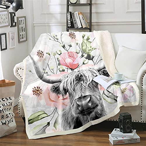 Homewish Highland Cattle Plüsch Bettdecke 150x200, Cute Cow Flower Throw Blanket für Kinder Jungen Teens, Bull Cattle Sherpa Decke Western Cowboy Fuzzy Flanell Leichtes gemütliches Schlafzimmer Dekor von Homewish