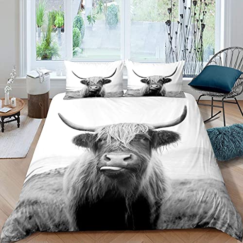 Homewish Highland Cow Bettbezug, Einzelbett, Bauernhaus-Tier-Milch-Bettwäsche-Set mit lustigem Kuhmotiv, Tiermotiv, grau-weiß von Homewish