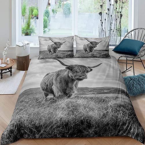 Homewish Highland Cow Bettwäsche-Set, Einzelbett, Rinder, Bettbezug, Waldtiere, Trösterbezug-Set für Jungen, Mädchen, Teenager, Zimmer, dekorativer Milchkuh, Bettbezug Grau von Homewish