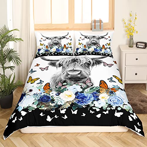 Homewish Highland Cow Bettwäsche Set 135 x 200 cm bunter Schmetterling Bettbezug für Kinder Longhorn Bull Cattle Bettbezug Blumen Fliegende Schmetterlinge Bett Sets Western Wildtier Raumdekoration von Homewish