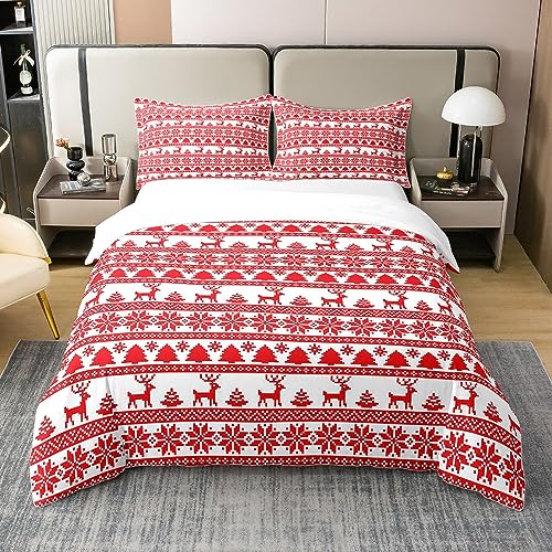 Homewish Hirsch 100% Baumwolle Bettbezug für Kinder Jungen Mädchen,Weihnachten Bettwäsche Set 200x200,Roter Elch Schneeflocke Tröster Bezug,Böhmen Wald Tier Silhouette Bett Sets mit 2 Kissenbezüge von Homewish