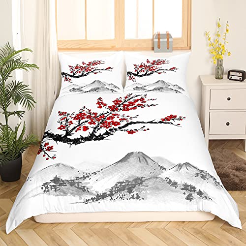 Homewish Japanischen Stil Bettwäsche Set 135 x 200 Mädchen Rote Kirschblüten Bettbezug Erwachsene Frauen Mädchen Berg Fuji Muster Bettbezug Tuschemalerei Schwarz Weiß Stilvolle Einfache Bettwäsche von Homewish