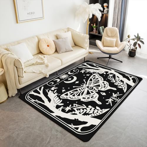 Homewish Jungen Goth Moth Teppich Halloween Horror Teppiche Wohnzimmer 150x200 für Jugendliche,Gothic Butterfly Kinderteppich Gothic Sun Moon Retro Terror Theme Schwarz Rug Stilvoll Pflegeleicht von Homewish