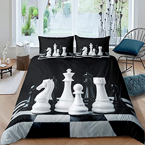 Homewish Jungen Spiel Bettwäsche Set Teenager Schach Bettdecke für Kinder Jungen Mädchen Teenager Brettspiel Bettbezug Set 135X200 International Chess Checkered Retro Style Tagesdecke, Weiß Schwarz von Homewish