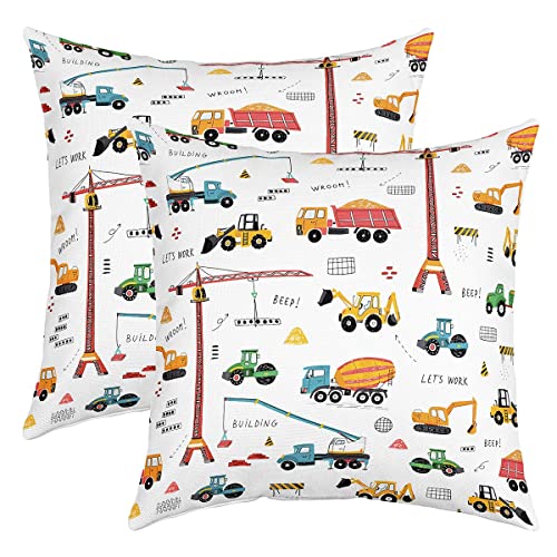 Homewish Kind Bagger Kissenbezüge 60x60 Set von 2, Traktor Maschinen Lkws Wurf Kissenbezüge für Haus Bett Couch, Baufahrzeug Kissenbezüge, Bulldozer Kran Cartoon Dekorative Kissenbezüge von Homewish