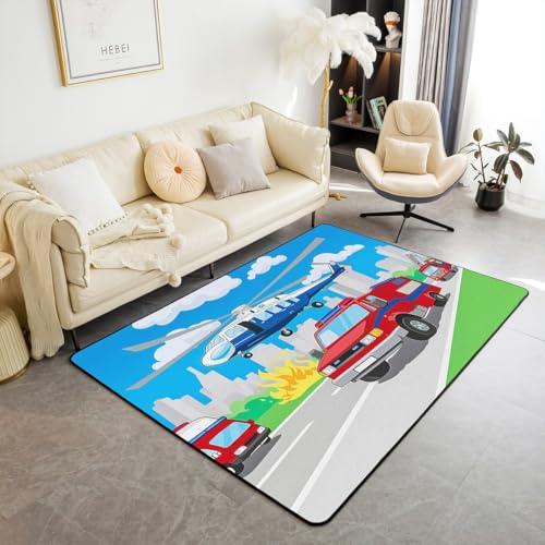Homewish Kinder Teppich Polizei Feuerwehr Motiv,Hubschrauber Fahrzeug Feuerwehr Teppiche Wohnzimmer für Jungen Jugendliche,Flamme Blauer Himmel Weiße Wolke Hochhäuser Carpet 100x150 Pflegeleicht von Homewish