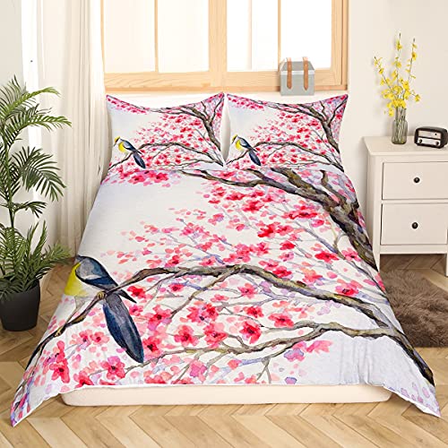 Homewish Kirschblüte Bettbezug Japanischer Stil Bettwäsche Set für Jungen Mädchen Jugend, Blume AST Tröster Abdeckung Japan Ukiyoe Thema Bettbezug Kawaii Room Decor 200x200 Pastellrosa von Homewish