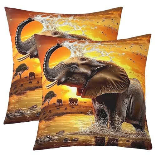 Homewish Kissenbezüge Set von 2 60x60cm 3D Elefant Kissenbezug Orange Afrikanischer Elefant Kissenabdeckungen werfen Ethnischer Wildtierdruck Dekorative Kissenbezüge Exotischer Stil Natur Thema von Homewish