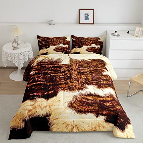 Homewish Kuh Bettwäsche 135 x 200 Rindsleder Tröster Set Erwachsene Frauen Männer Highland Kuhfell Bettbezug Western Farm Wild Tier Daunendecke Braun Weiß Bulle Rinderhaut Gesteppte Bettdecke von Homewish