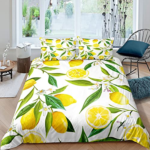 Homewish Lemon Trösterbezug,Gelbes Obst Bettwäsche-Set für Kinder Jungen Mädchen Teens,Blumen Blätter Bettbezug Floral Botanische Pflanze Tagesdecke mit Reißverschluss Weiß 135x200 von Homewish