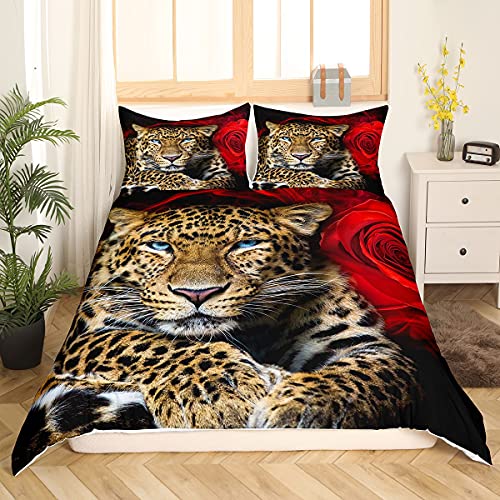 Homewish Leopard Bettbezug, Cheetah Bettwäscheset Rose Blume Trösterbezug 200x200, Für Kinder Jungen Teenager Frauen Schlafzimmer Dekor, African Safari Tier Bettbezug Mit 2 Kissenbezüge, Braun von Homewish