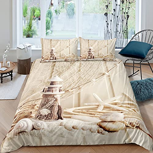Homewish Leuchtturm Bettbezug,Stranddeckenbezug für Kinder Jungen Mädchen,Seestern Muschel Unterwasserwelt Bettbezug,Fischernetz Bettwäsche Set Schlafzimmer Dekor mit 1 Kissenbezug,Beige 135x200 von Homewish