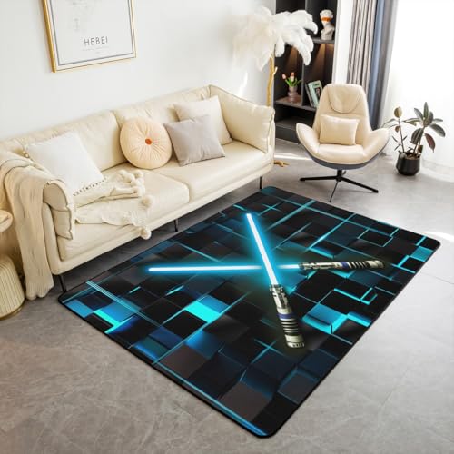 Homewish Lichtschwert Kinder Teppiche Wohnzimmer Blaue Ombre Kinderteppich 100x150 für Kinder Jungen Mädchen Teenager,Glühender Geometrischer Würfel Teppich Neon-Schach Rug Raumdekor Pflegeleicht von Homewish