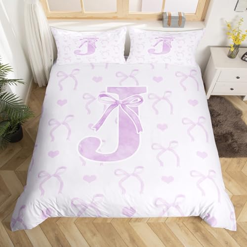 Homewish Liebe Herzen Bettwäscheset 220x240cm Bowknot bettbezug für Kinder für Mädchen Kawaii Fee Ästhetik Bettwäsche Lila J Buchstabe bettset Mikrofaser Moderne Schlafzimmer dekor von Homewish