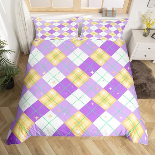 Homewish Lila Gelb Bettwäsche Geometrischer Diamant Galaxy Druck bettbezug Set 155x220cm für Kinder,Buffalo Plaid Schachbrett Schachbrett Bettwäscheset Moderne Ästhetik bettset zimmerdekor weich von Homewish