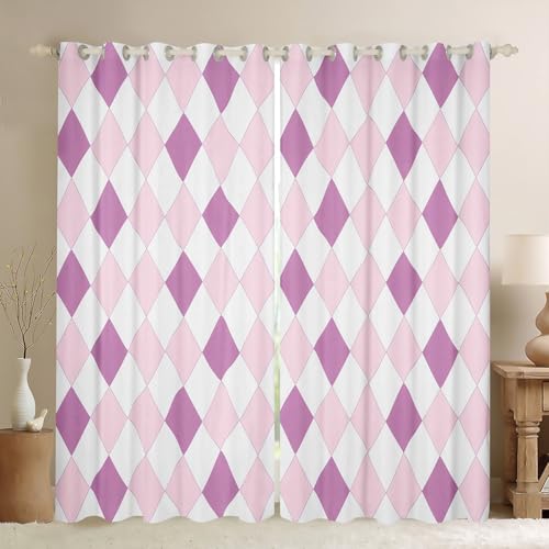 Homewish Lila Rosa Verdunkelungsvorhänge Geometrischer Retro Diamant Gardinen 2 Panels,Geometrie Buffalo Plaid Fenstervorhang 260x140(HxB) Moderne Lila Ästhetik Vorhänge für Schlafzimmerdekor von Homewish