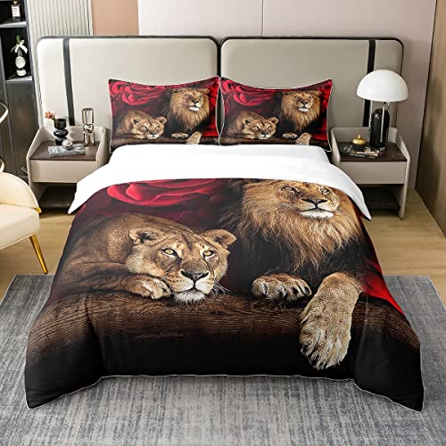 Löwe Rose 100% Gewaschene Baumwolle Bettbezug 200x200,Tier Floral Tröster Abdeckung Natur Theme Design Bettwäsche Set für Kinder Jugend,Moderne Braune Löwe Steppdeckenbezug Zimmer Dekor von Homewish