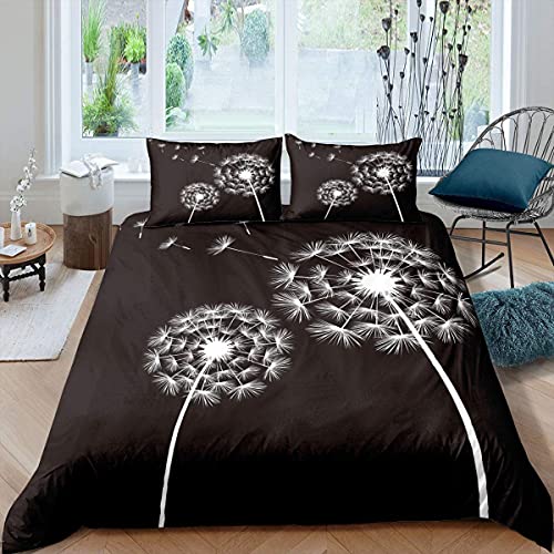 Homewish Löwenzahn Bettwäsche Set 155x220 für Kinder Flying Flower Trösterbezug Monochromer Löwenzahn Bettbezug für Jungen Mädchen Teens Floral Romantik Thema Schwarz Weiß Tagesdecke von Homewish