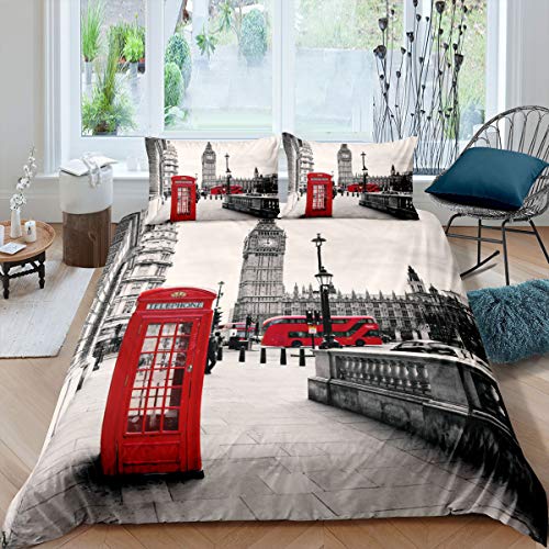 Homewish London Bettwäsche-Set, Big Ben Bettbezug 200x220, rote Telefonzelle Bettdecke für Jugendliche Erwachsene Frauen, leichte weiche Mikrofaser grau Bettbezug mit 2 Kissenbezüge, grau von Homewish