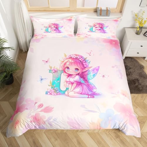Homewish Mädchen Rosa Fee Bettwäsche 200x200cm Kawaii Initial L Prinzessin bettbezug Set für Jugendliche Kinder,Blumen Fee Bettwäscheset Aquarell Blumen Schmetterling bettset Mikrofaser raumdekor von Homewish