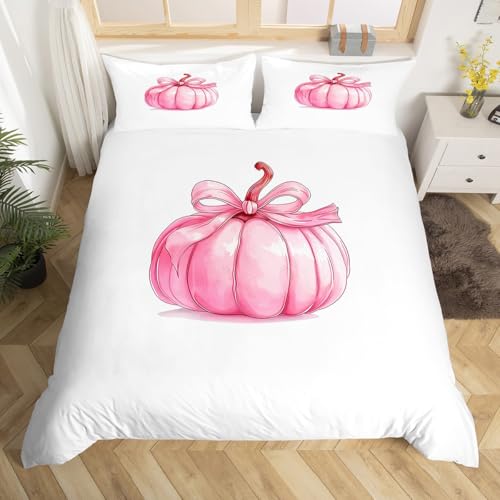 Homewish Mädchen Rosa Kürbis Bettwäsche Glückliches Danksagungstag bettbezug Set 200x200cm für Kinder Teenager, Halloween Dekorationen bettset Wohndekor Preppy Rosa Bowknot Coquette Bettwäscheset von Homewish