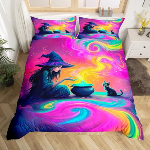 Homewish Magische Halloween-Hexe Bettwäsche Gotische Hexendekoration bettbezug Set 155x220cm für Kinder,Halloween-Schwarze Katze Bettwäscheset Horror Potion Spooky Flasche bettset zimmerdekor weich von Homewish
