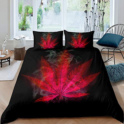 Homewish Marihuana Trösterbezug Red Cannabis Leaf Bedrucktes Bettwäscheset für Erwachsene Teenager Marihuana Weed Leaf Bettbezug Exotische Blätter Rustikales weiches Boho Trippy Hippie-Thema, 155×220 von Homewish