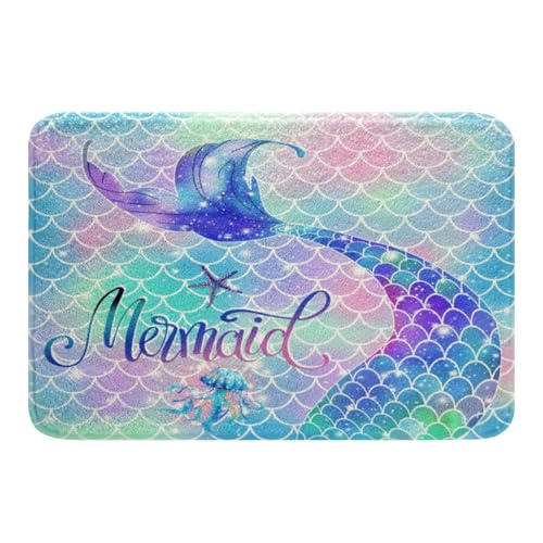 Homewish Meerjungfrau Schwanz Glitter Eingang Teppich Regenbogen Meerjungfrau Skala Mädchen Badezimmer Teppiche,Gradient Regenbogen Meerjungfrau Badematte 40Bx60L von Homewish