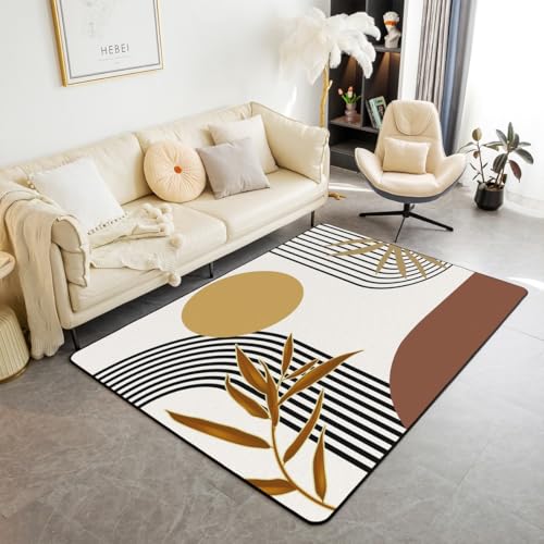Homewish Mid Century Boho Kinderteppich Abstrakte Moderne Sonne Teppich 150x200 für Kinder Jungen Mädchen Jugendliche,Minimalistische Goldene Blätter Teppiche Wohnzimmer Geometrische Ästhetik Rug von Homewish