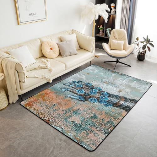 Homewish Mittelalterliche Rug 100x150 Vintage Blaue Blumen Teppich für Kinder Jungen Mädchen Teenager,Rustikale Ritter Teppiche Wohnzimmer Retro Ölgemälde Carpet Stilvoll Pflegeleicht Raumdekor von Homewish
