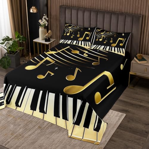 Homewish Musikalische Note Tagesdecke für Jungen Mädchen,Klavier Key Music Themed Steppdecke 220x240cm Moderne Klassische Musik Tagesdecken Klavier Stave Muster Steppdecken raumdekor Schwarz Golden von Homewish