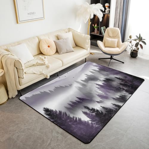 Homewish Nebelhafter Berg Teppich Purpurschwarze Bäume Wohnzimmer Teppiche 100x150 für Kinder Jungen Mädchen Jugendliche,Aquarelllandschaft Flächenteppich Thema Carpet Schlafzimmer Dekor von Homewish
